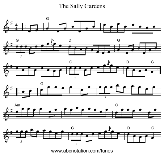The Sally Gardens - staff notation