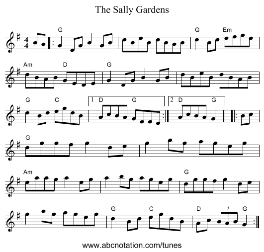 The Sally Gardens - staff notation