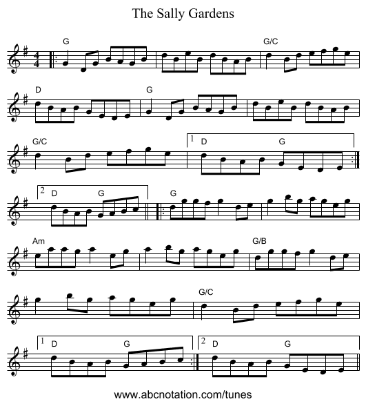 The Sally Gardens - staff notation