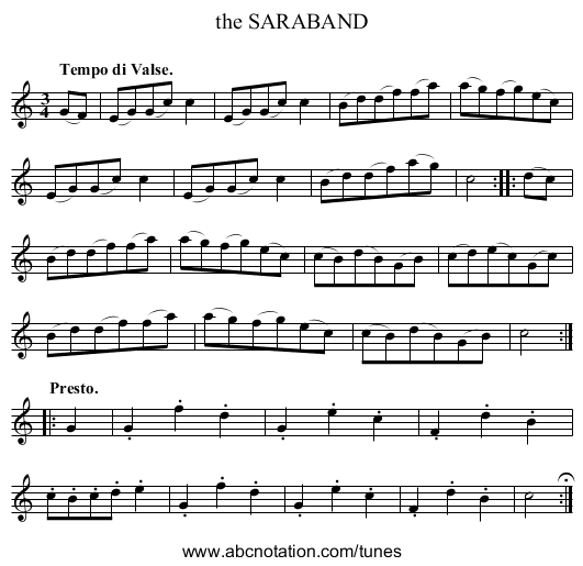 the SARABAND - staff notation