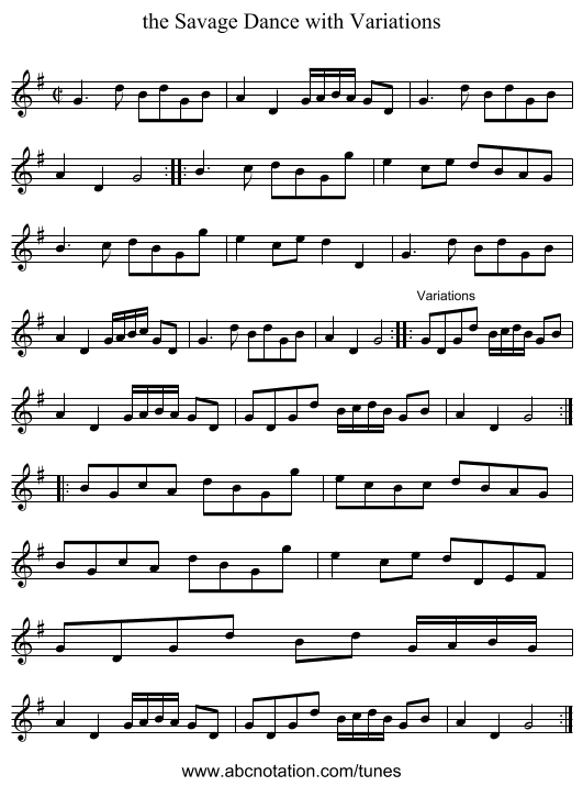 the Savage Dance with Variations - staff notation