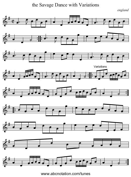 the Savage Dance with Variations - staff notation