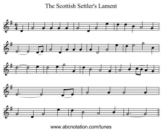 The Scottish Settler's Lament - staff notation