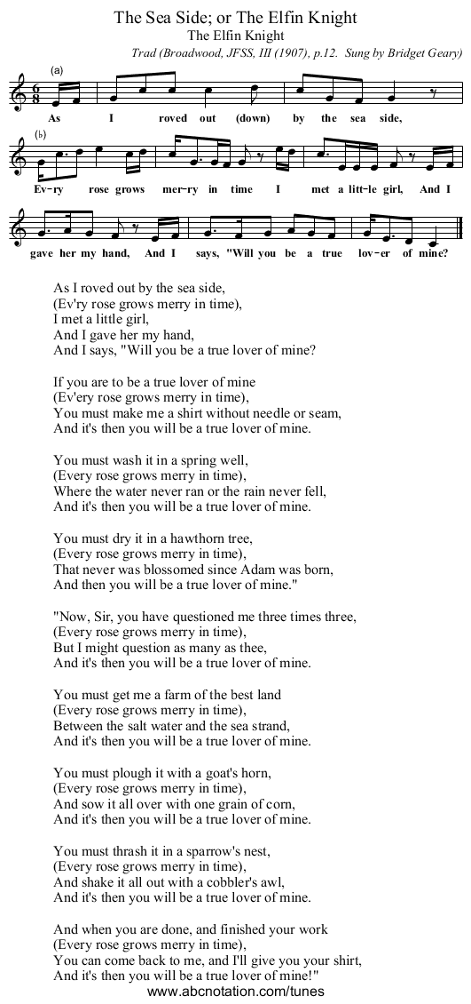 The Sea Side; or The Elfin Knight - staff notation