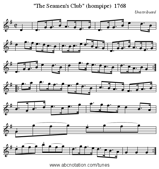 The Seamen's Club (hornpipe)  1768 - staff notation
