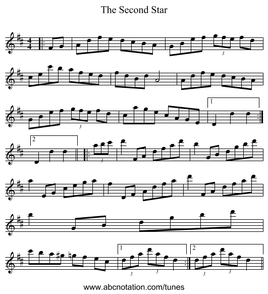 The Second Star - staff notation