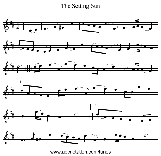 The Setting Sun - staff notation