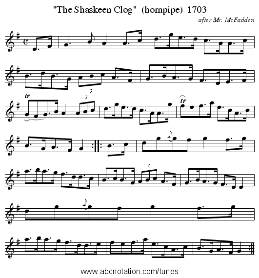 The Shaskeen Clog  (hornpipe)  1703 - staff notation