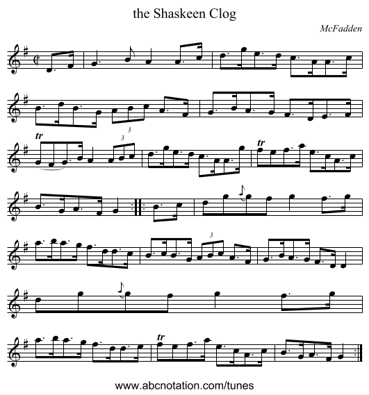 the Shaskeen Clog - staff notation