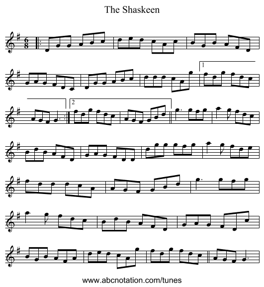 The Shaskeen - staff notation