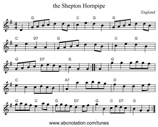 the Shepton Hornpipe - staff notation