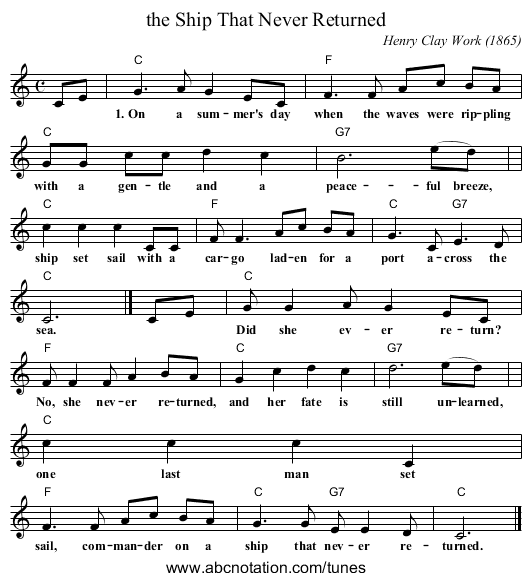 the Ship That Never Returned - staff notation