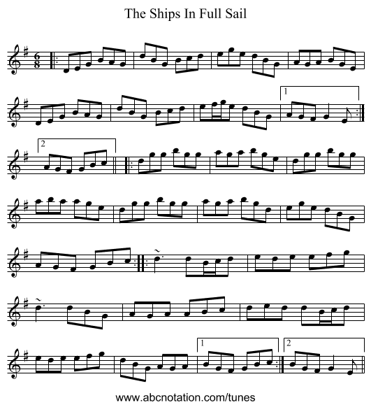 The Ships In Full Sail - staff notation