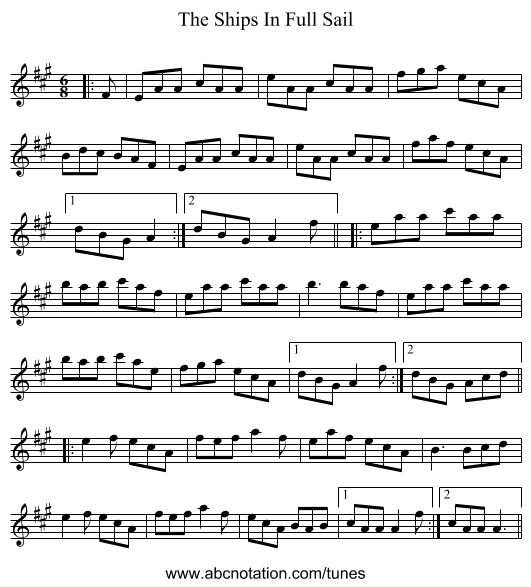The Ships In Full Sail - staff notation