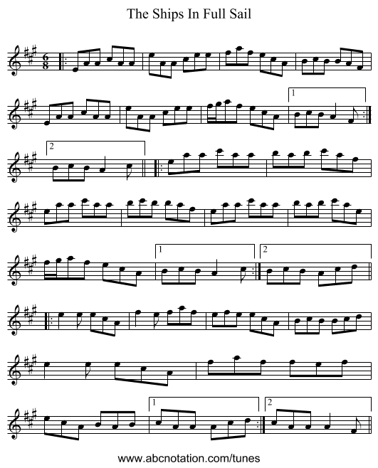 The Ships In Full Sail - staff notation