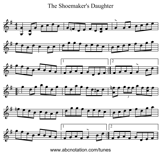 The Shoemaker's Daughter - staff notation