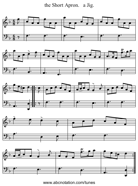 the Short Apron.   a Jig. - staff notation