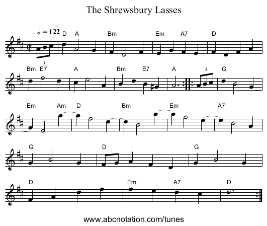 The Shrewsbury Lasses - staff notation