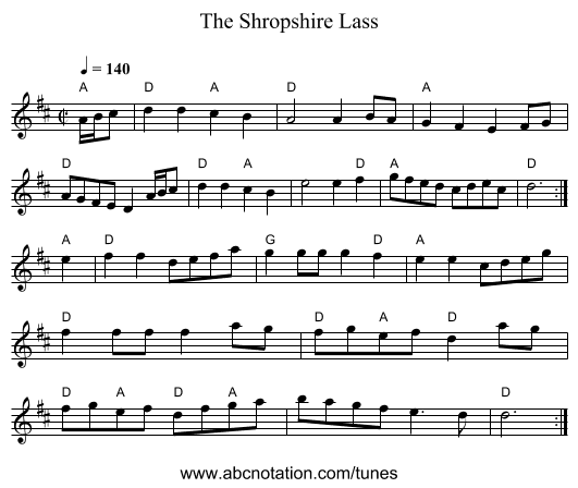 The Shropshire Lass - staff notation
