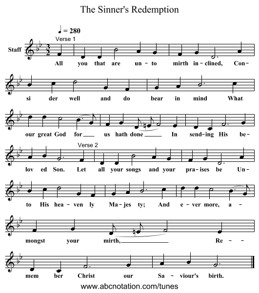 The Sinner's Redemption - staff notation