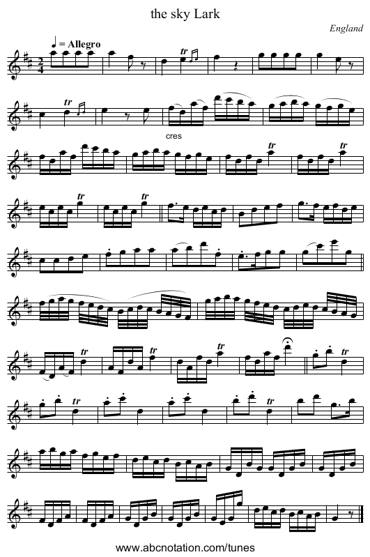 the sky Lark - staff notation
