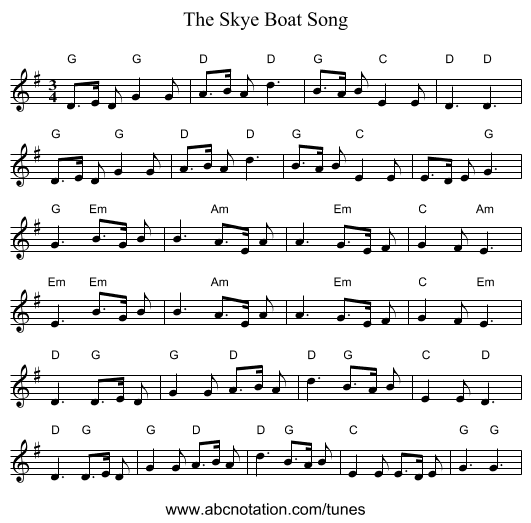 The Skye Boat Song - staff notation
