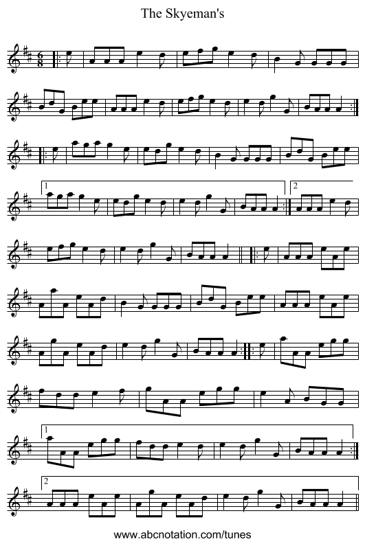 The Skyeman's - staff notation
