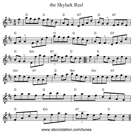 the Skylark Reel - staff notation