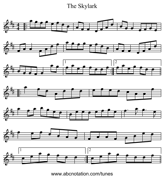 The Skylark - staff notation