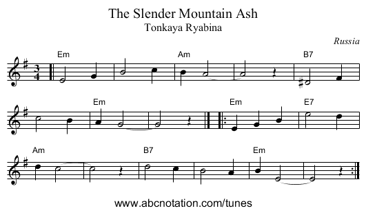 The Slender Mountain Ash - staff notation
