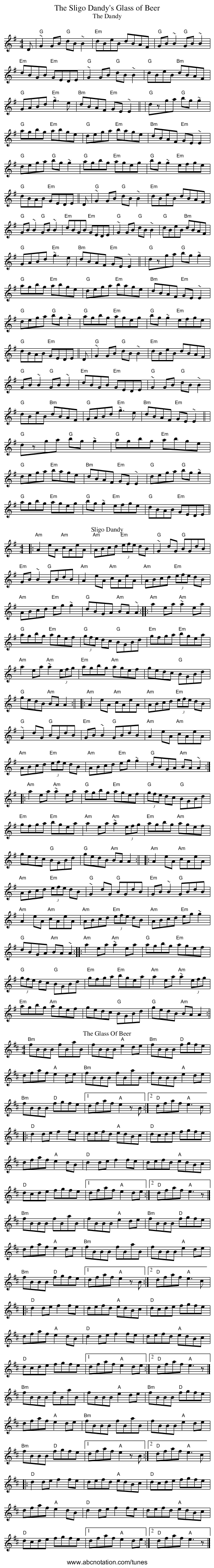 The Sligo Dandy's Glass of Beer - staff notation