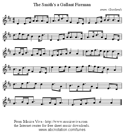 The Smith's a Gallant Fireman - staff notation