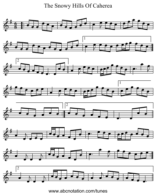 The Snowy Hills Of Caherea - staff notation