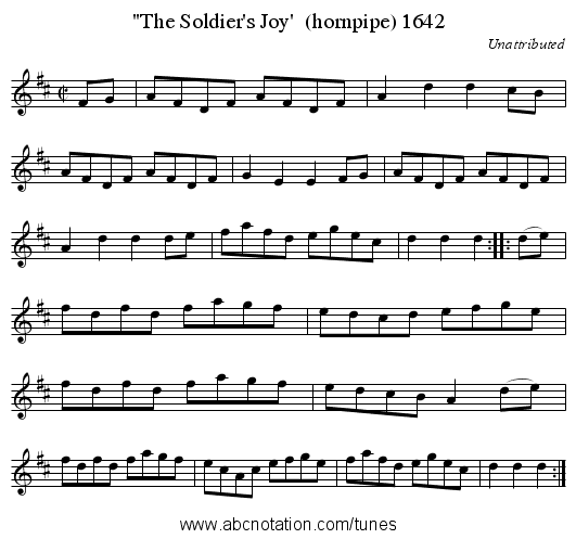 The Soldier's Joy' (hornpipe) 1642 - staff notation
