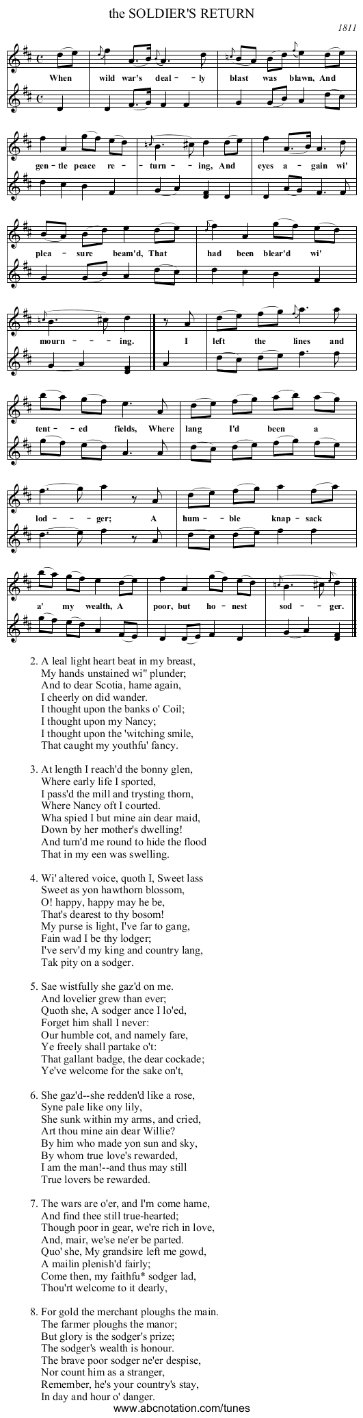 the SOLDIER'S RETURN - staff notation