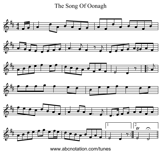 The Song Of Oonagh - staff notation