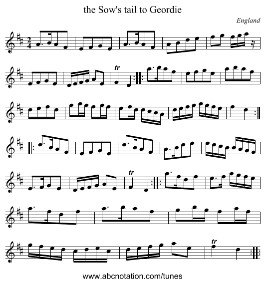 the Sow's tail to Geordie - staff notation