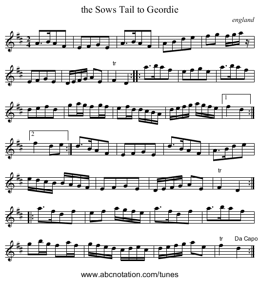 the Sows Tail to Geordie - staff notation
