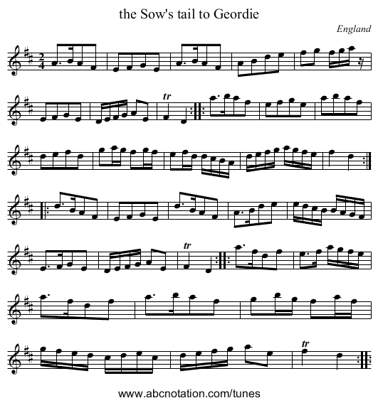 the Sow's tail to Geordie - staff notation