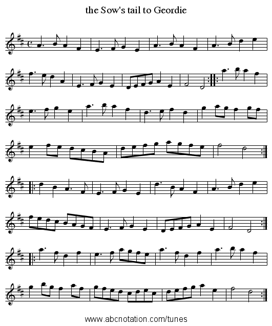 the Sow's tail to Geordie - staff notation