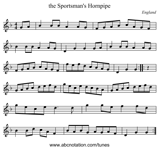 the Sportsman's Hornpipe - staff notation
