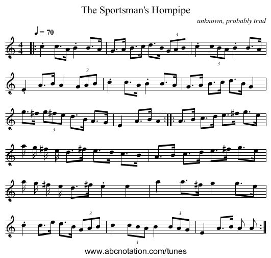 The Sportsman's Hornpipe - staff notation