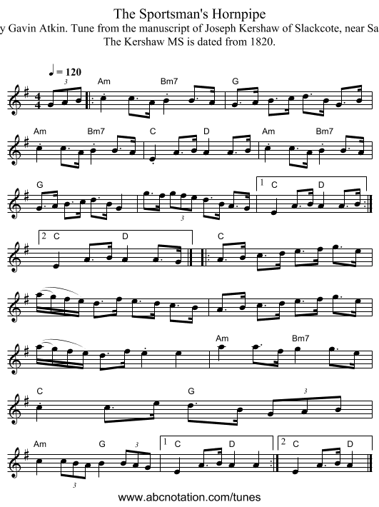 The Sportsman's Hornpipe - staff notation