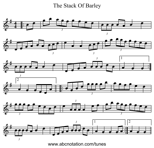 The Stack Of Barley - staff notation
