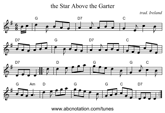 the Star Above the Garter - staff notation