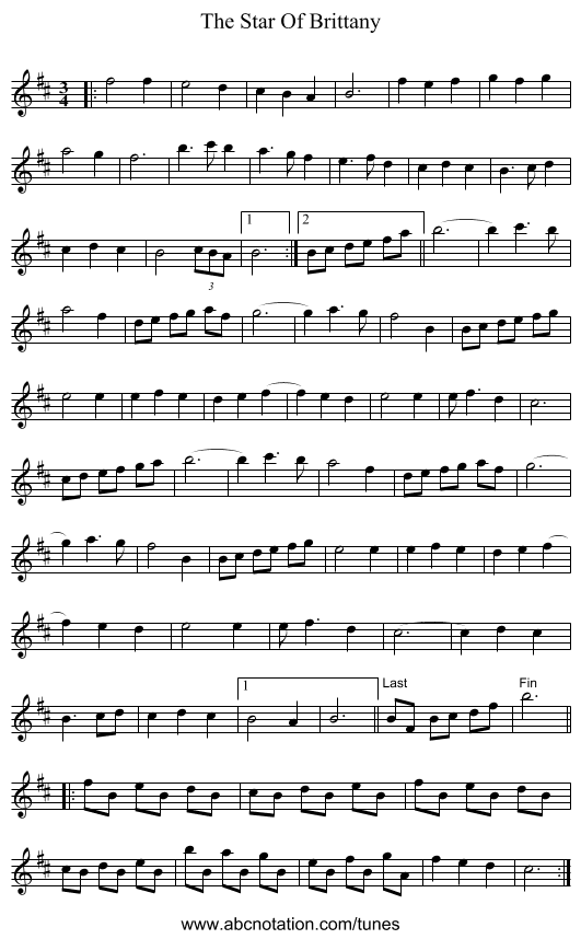 The Star Of Brittany - staff notation