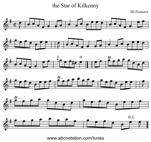 the Star of Kilkenny - staff notation