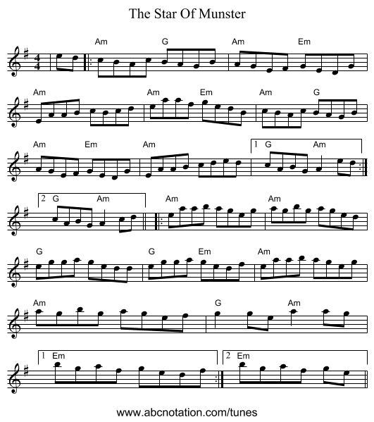The Star Of Munster - staff notation