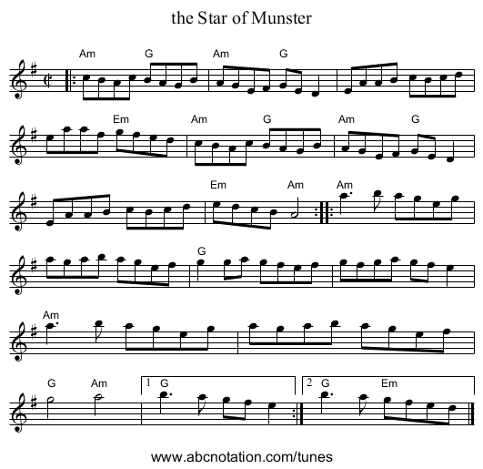 the Star of Munster - staff notation