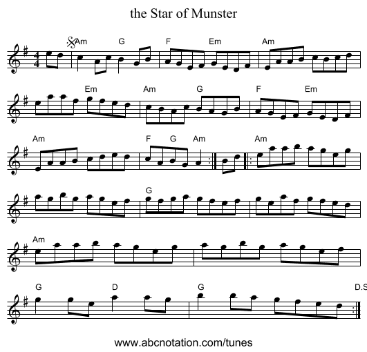 the Star of Munster - staff notation
